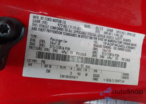 2013 Ford Focus Se z USA, uszkodzony, nr VIN 1FADP3K24DL338461